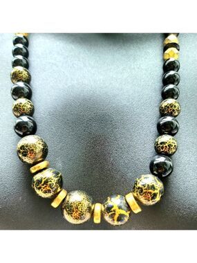 Vintage Gold Lace Black Agate Bead Graduated Round Necklace 24 inch